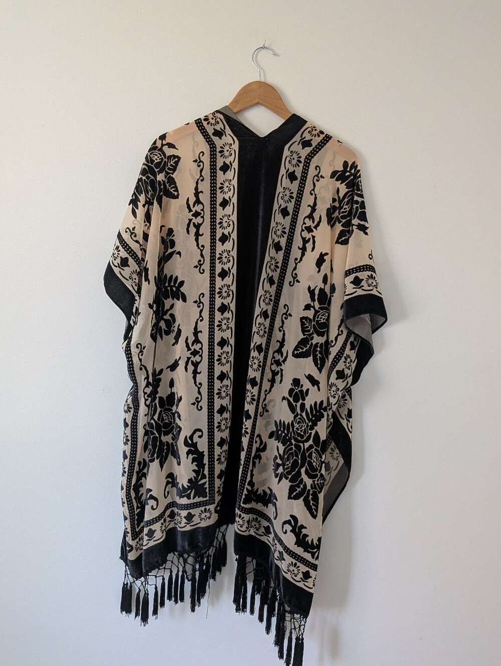 Free People Night Bird Burnout Black Tan Floral Velvet Tassel Kimono Duster - Picture 9 of 9